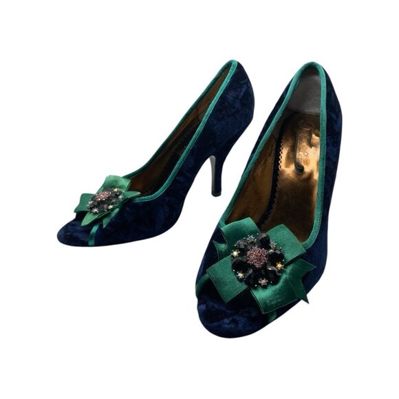 Poetic License Heels Shoes Crushed Velvet Blue Peep Toe Brooch Dazzling Size 10 - Picture 1 of 10